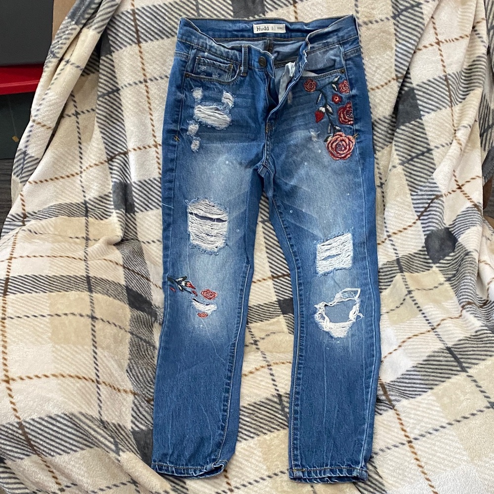 Mudd Blue Distressed Boyfriend Jeans with Red Rose Embroidery